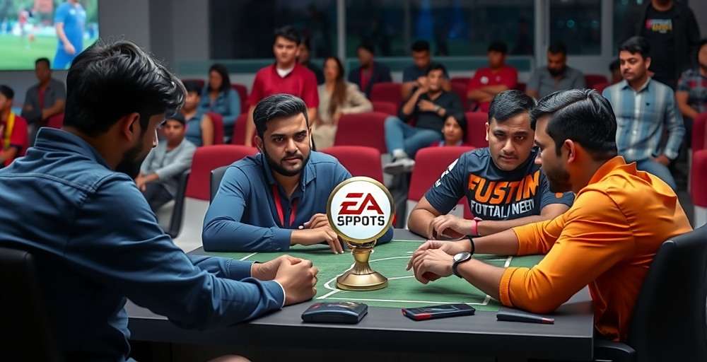 FIFA Mobile Tournament in India Indian gamers competing in a FIFA Mobile tournament with spectators in the background